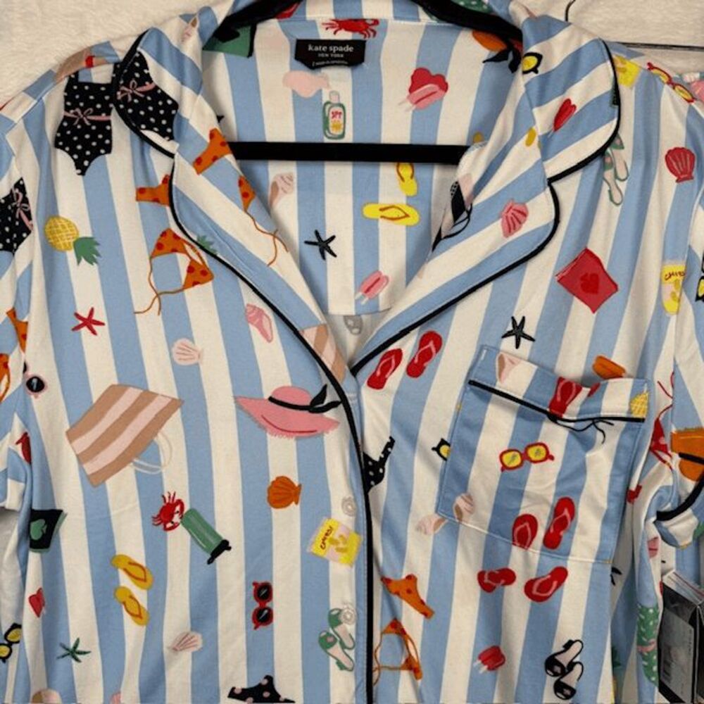 NWT Kate Spade Cabana Print Aqua Stripe Beach Print Pajama Set Size Large - Picture 3 of 13